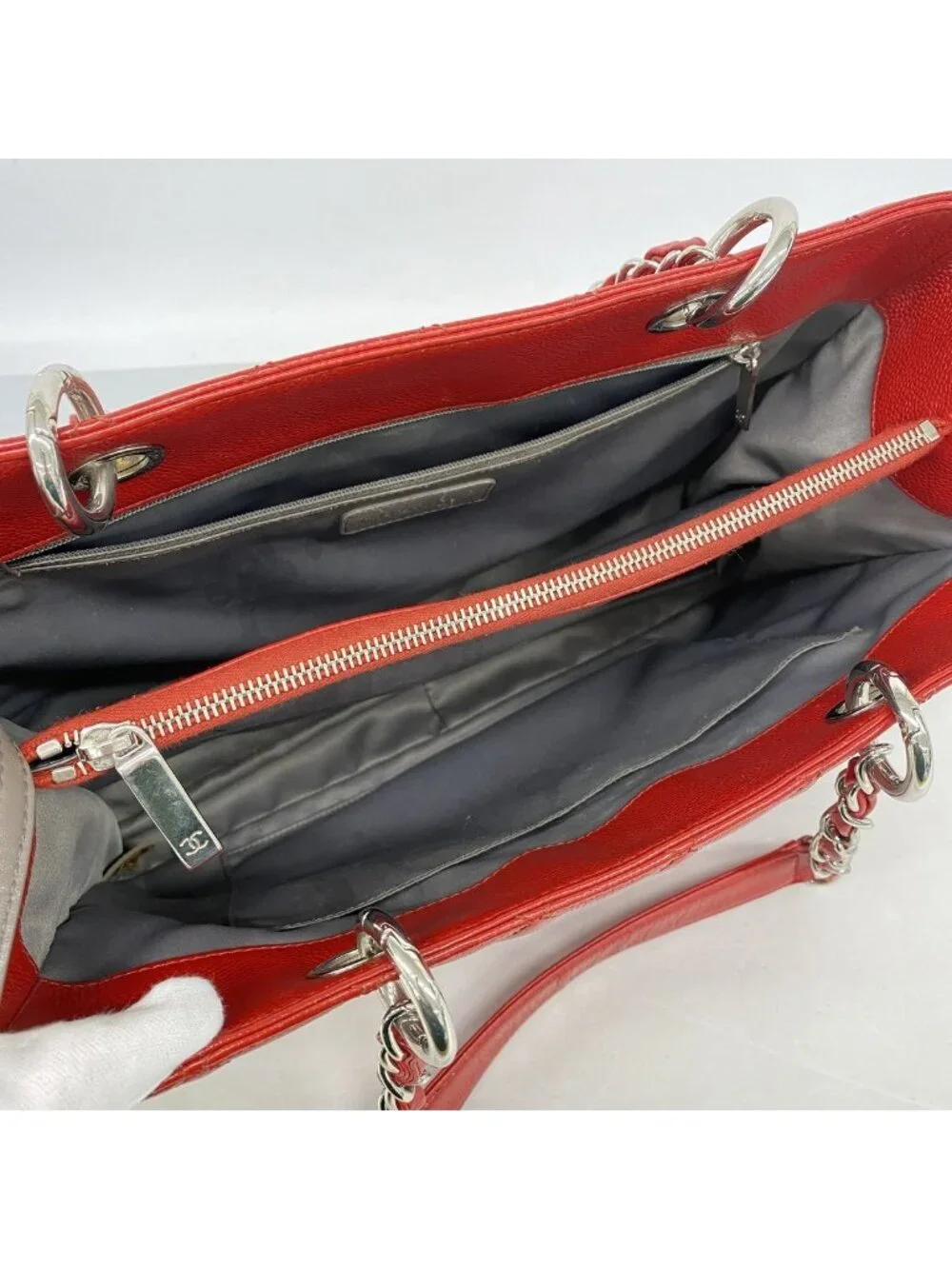 Chanel Chain Tote Bag Quilted Caviar Leather Red Silver